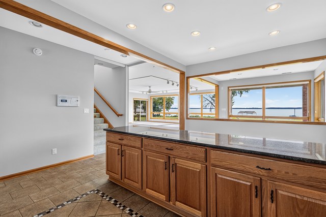 Kitchen with a lake view